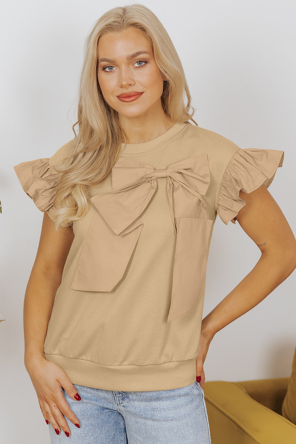 Two Tones Ribbon Bow Ruffle Sleeve Top