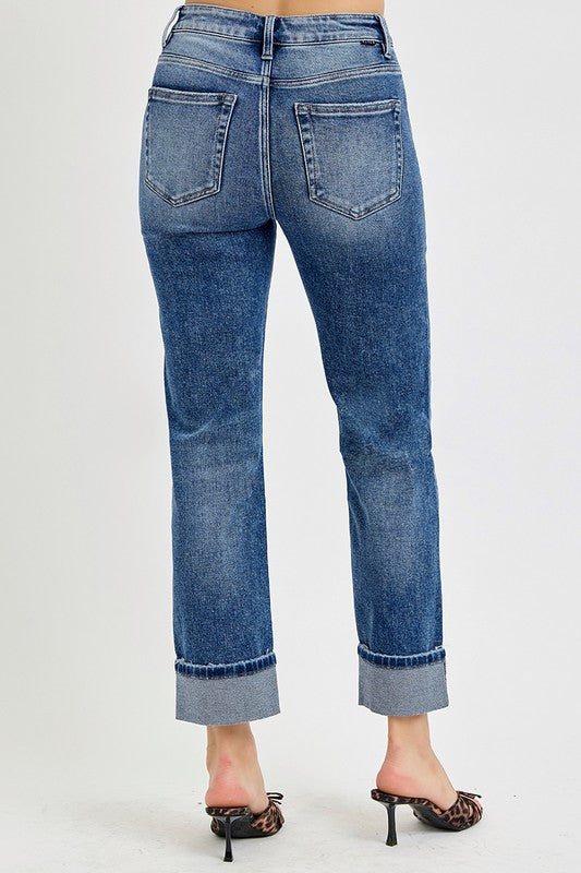 High Rise Crop Straight Roll Up Jeans