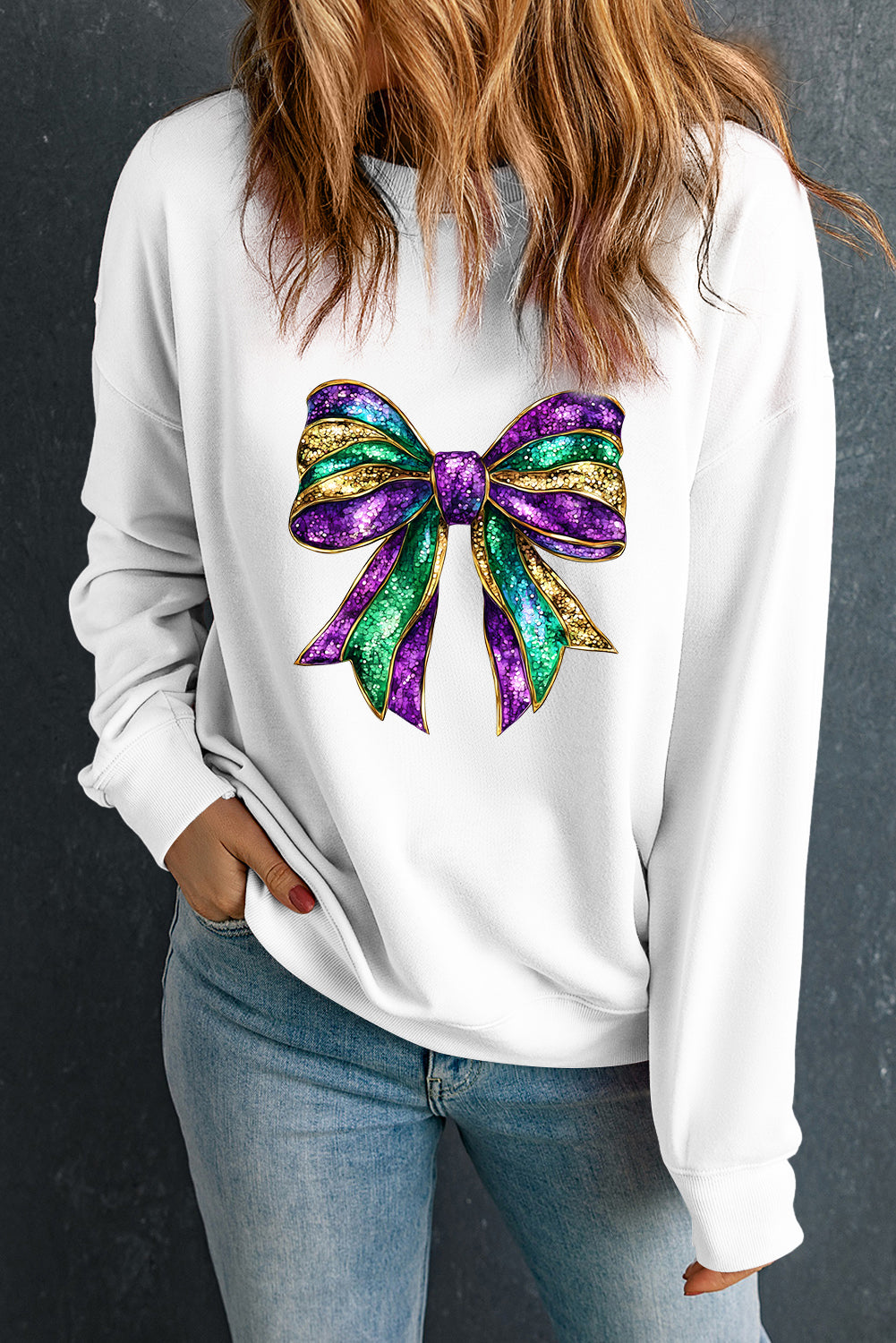 Mardi Gras Bow Graphic Drop Shoulder Sweatshirt