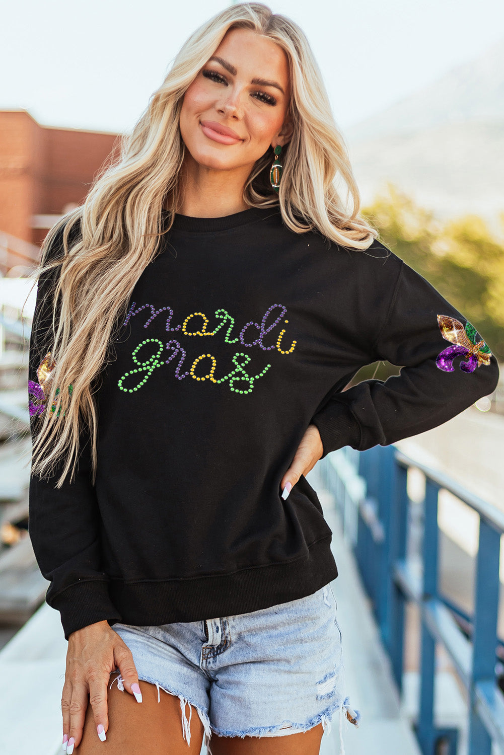 Rhinestone Mardi Gras Letter Graphic Sweatshirt