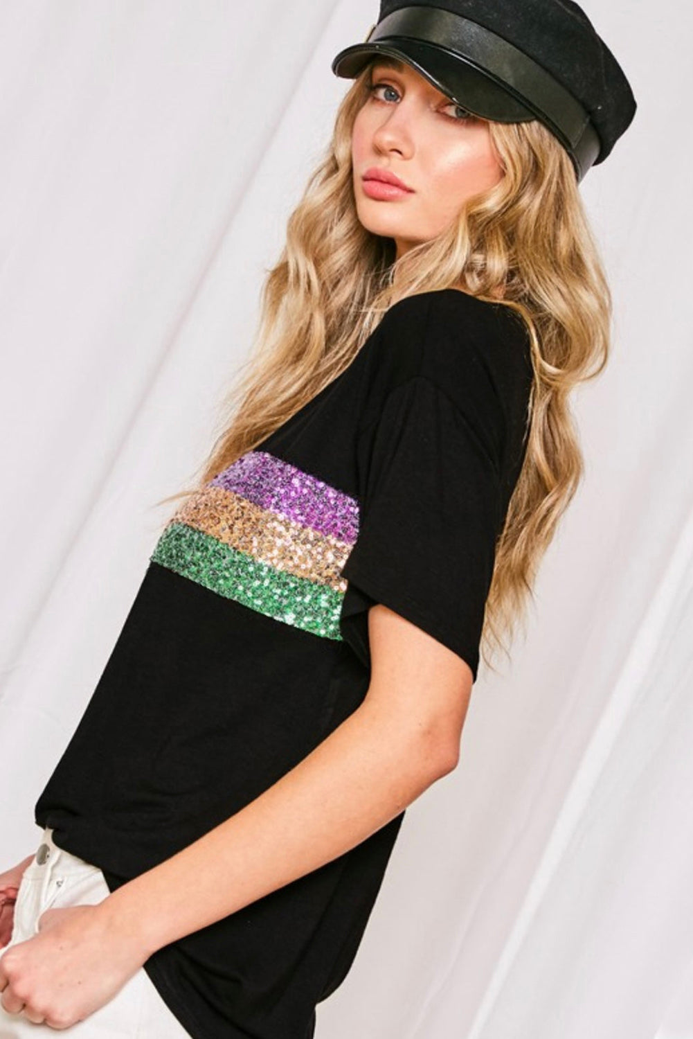 Colorblock Sequin Mardi Gras Crewneck T-Shirt