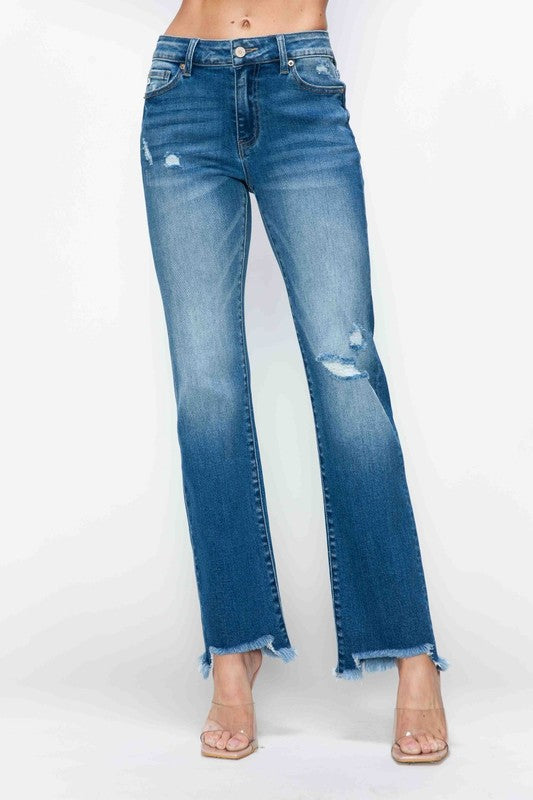 Raw Hem Distressed Mid Rise Straight Jeans