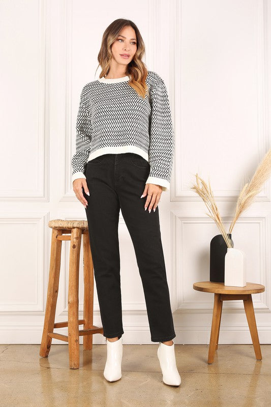 Herringbone Pattern Crew Neck Sweater