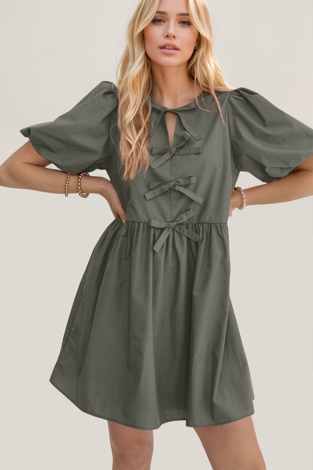 Bow Ruched Puff Sleeve Mini Dress