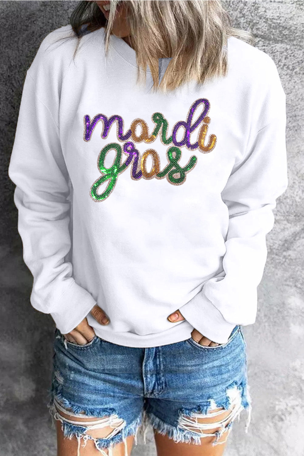 Sequined Mardi Gras Graphic Crew Neck Drop Shoulder Sweatshirt