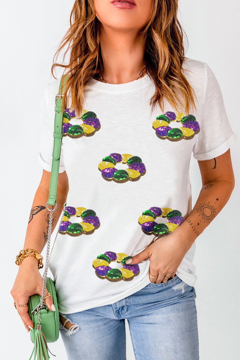 Sequined Mardi Gras Pattern Crew Neck Short Sleeve Top