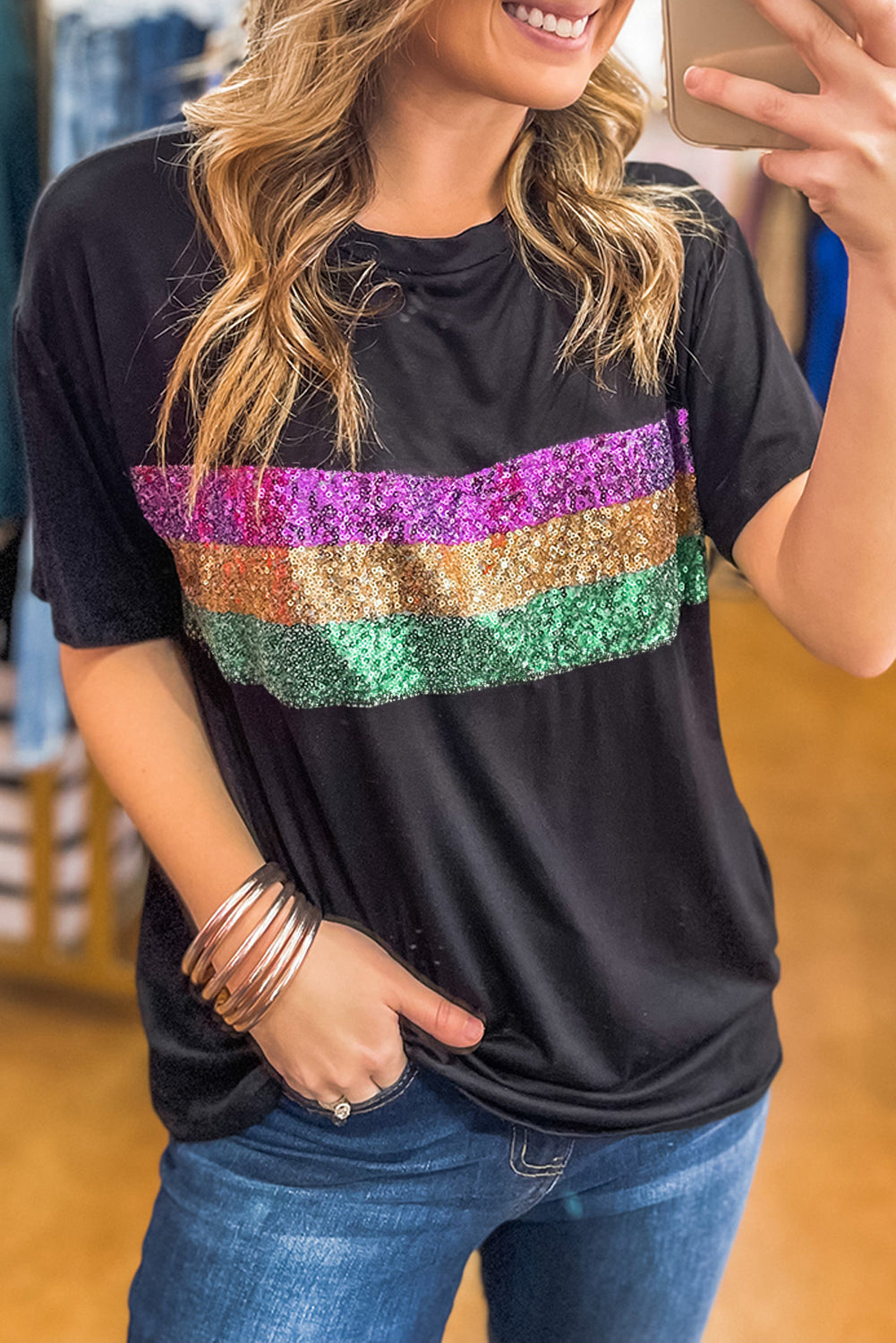 Colorblock Sequin Mardi Gras Crewneck T-Shirt