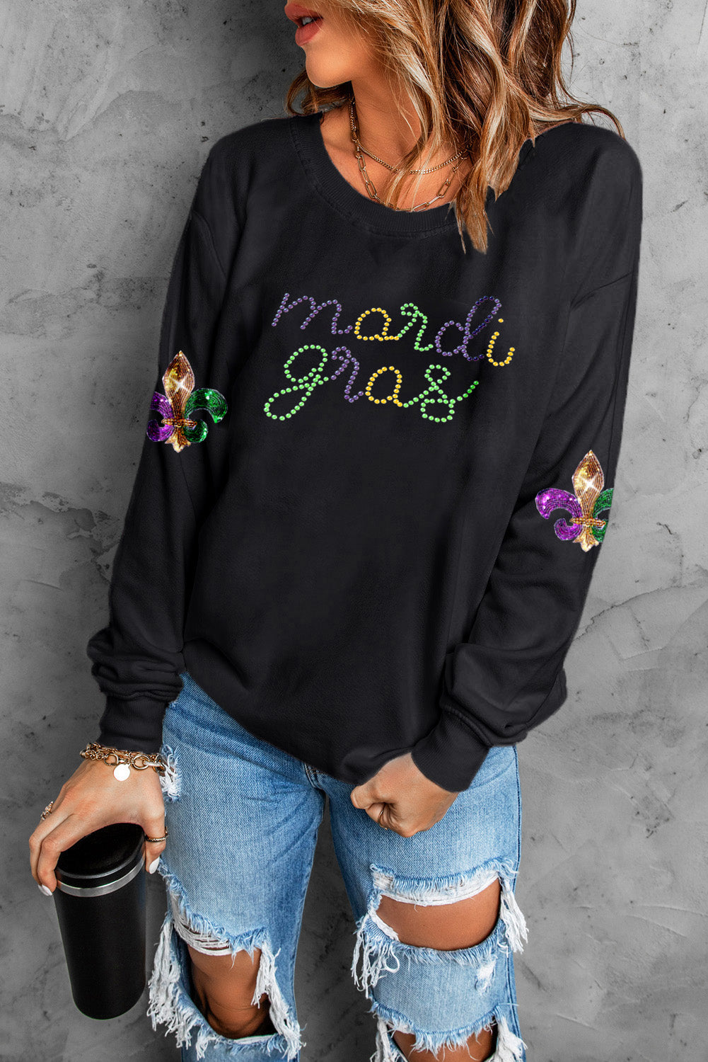 Rhinestone Mardi Gras Letter Graphic Sweatshirt