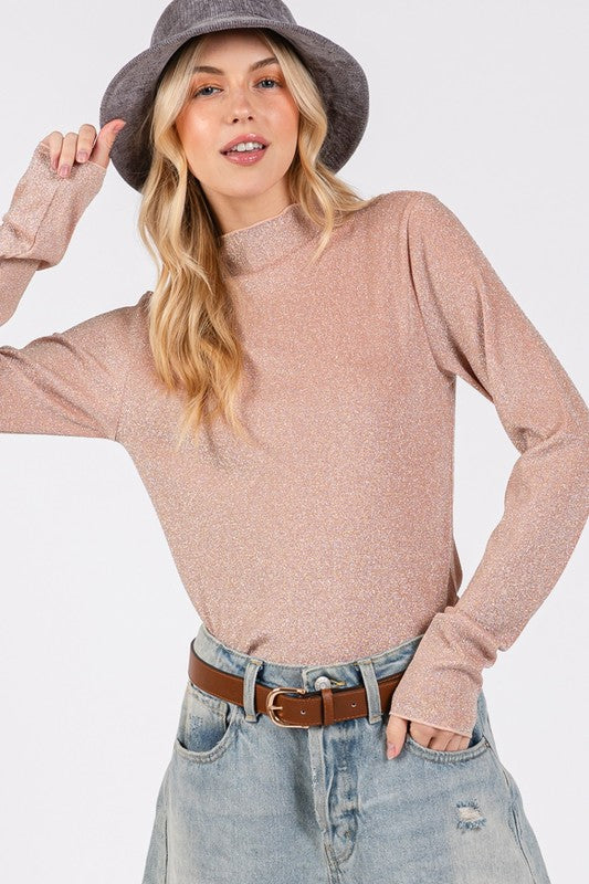 Glitter Mock Neck Lettuce Hem Long Sleeve Top