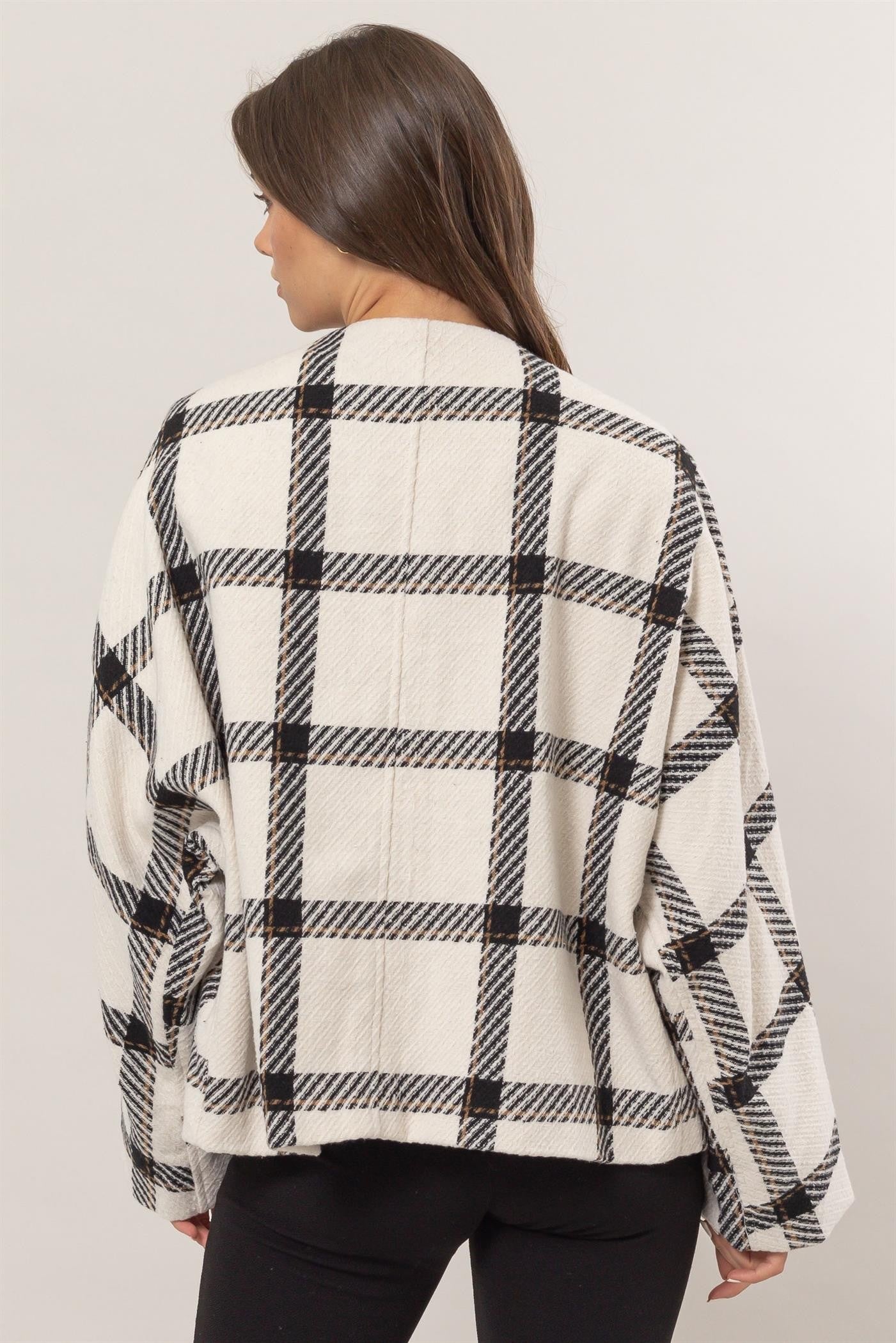 Plaid Long Sleeve Cardigan with Side Slit Pockets