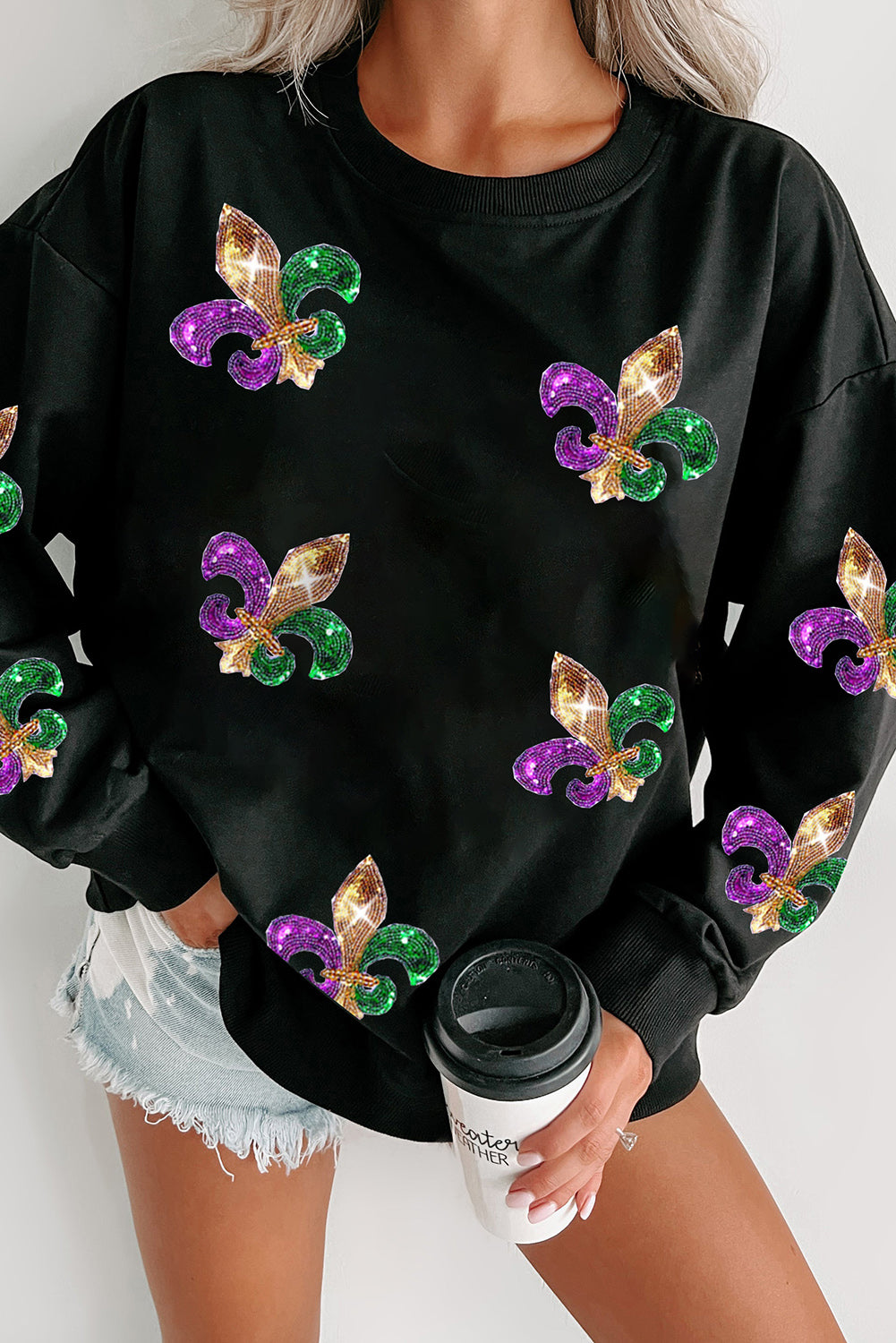 Sequin Mardi Gras Graphic Pullover Sweatshirt