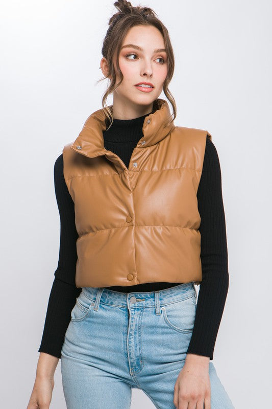 PU Faux Leather Puffer West With Snap Button