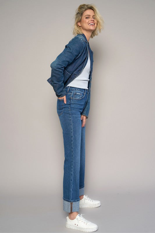 High-Rise Cuffed Boot Cut Denim Jeans