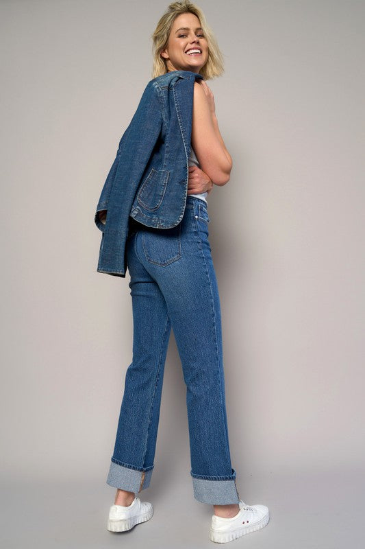 High-Rise Cuffed Boot Cut Denim Jeans