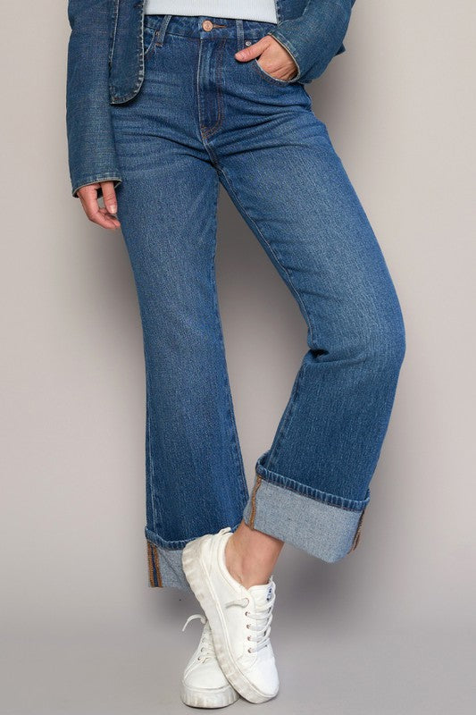 High-Rise Cuffed Boot Cut Denim Jeans