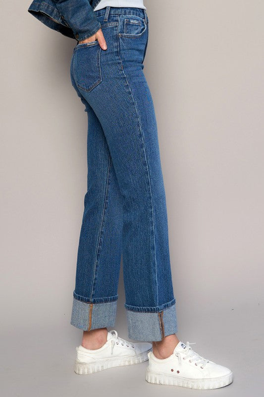 High-Rise Cuffed Boot Cut Denim Jeans