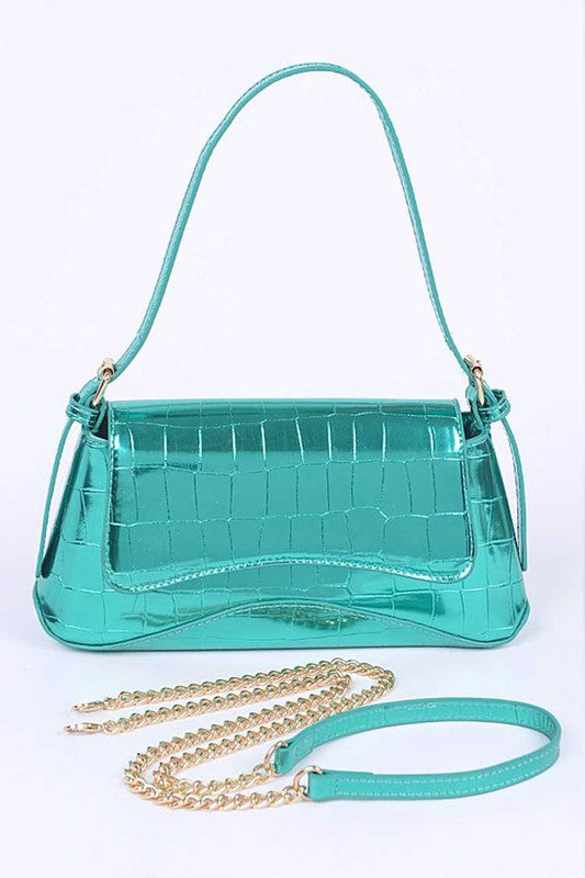 Metallic Croc Embossed Shoulder Bag