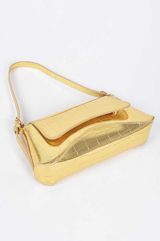 Metallic Croc Embossed Shoulder Bag