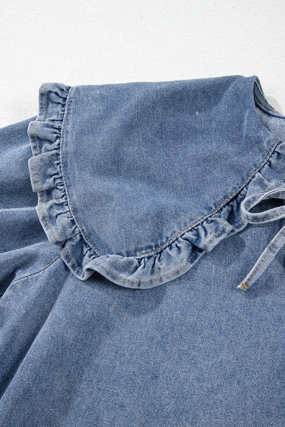 Ruffled Collared Puff Sleeve Denim Dress