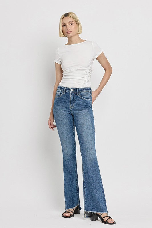 High Rise Slant Hem Flared Jeans