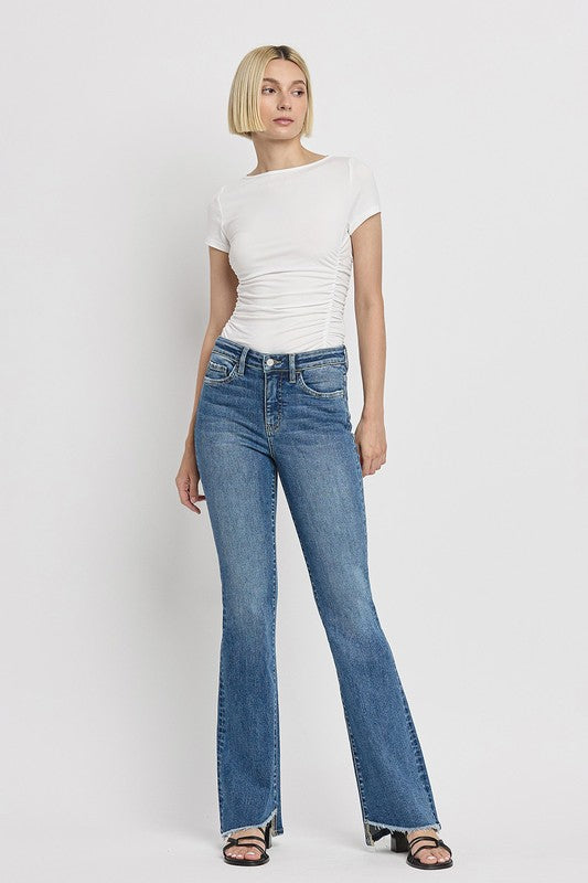 High Rise Slant Hem Flared Jeans