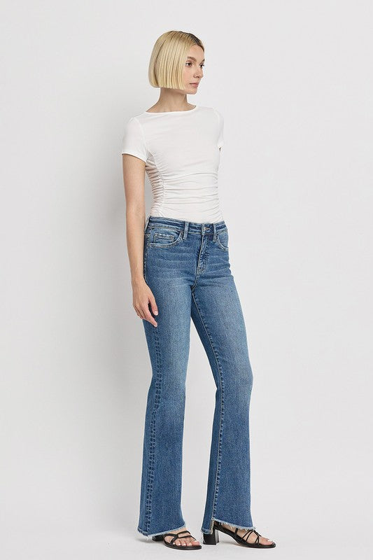 High Rise Slant Hem Flared Jeans