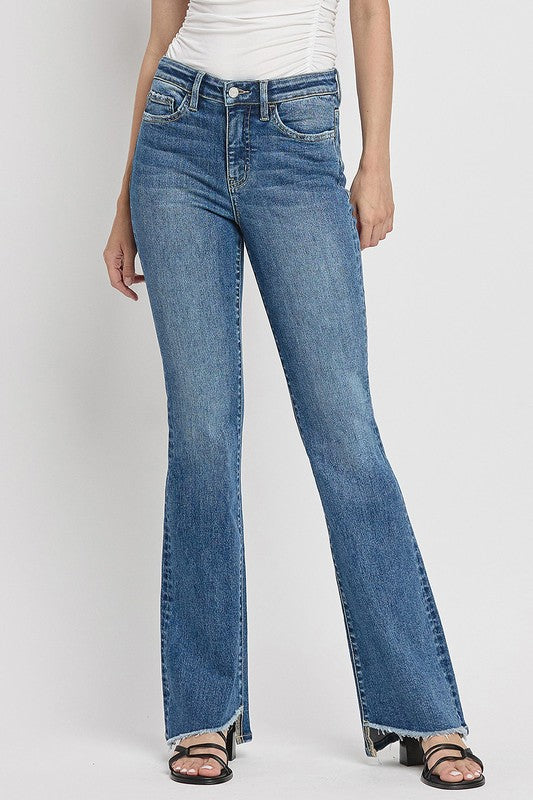 High Rise Slant Hem Flared Jeans