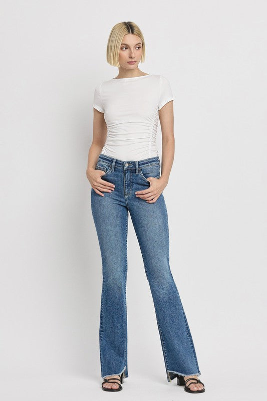 High Rise Slant Hem Flared Jeans