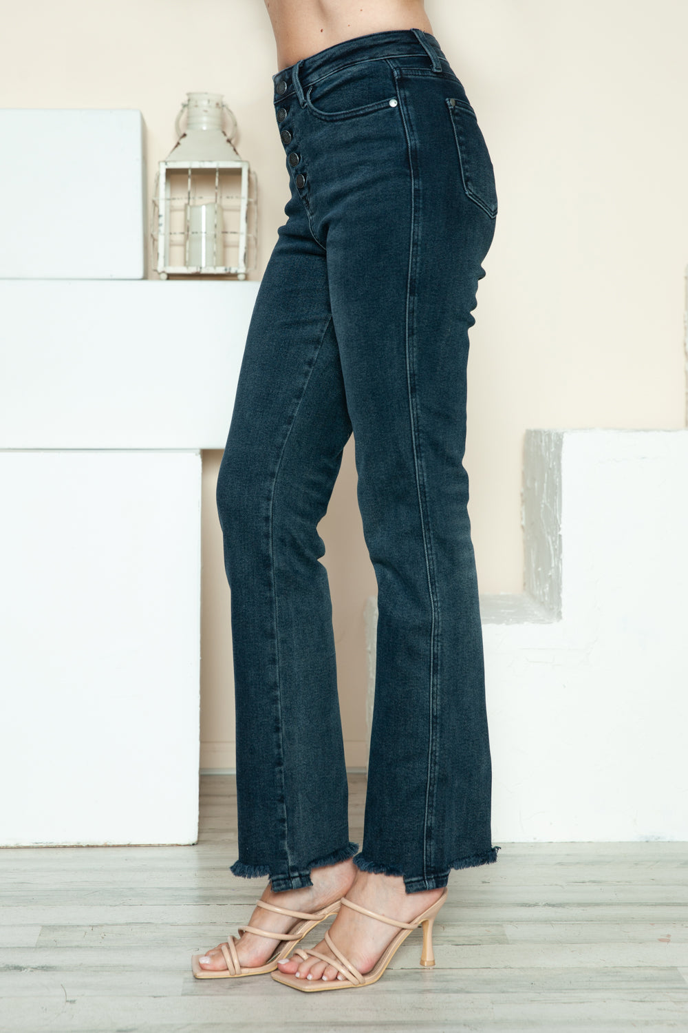 Button Fly Hem Destroy Straight Jeans