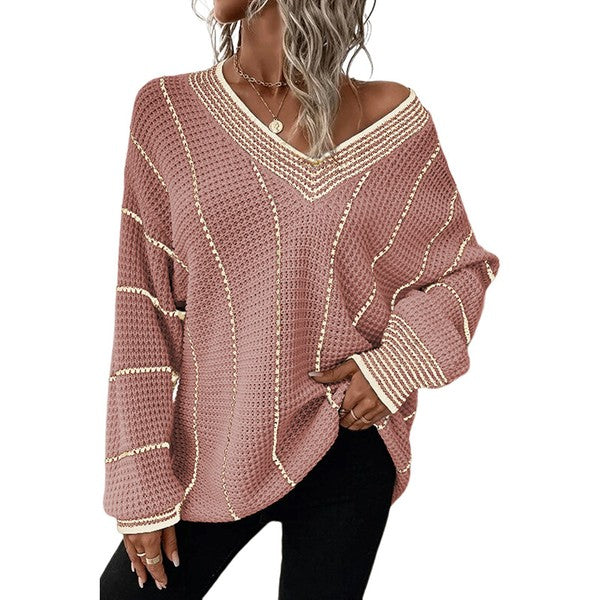 Striped V-Neck Knitted Loose Sweater