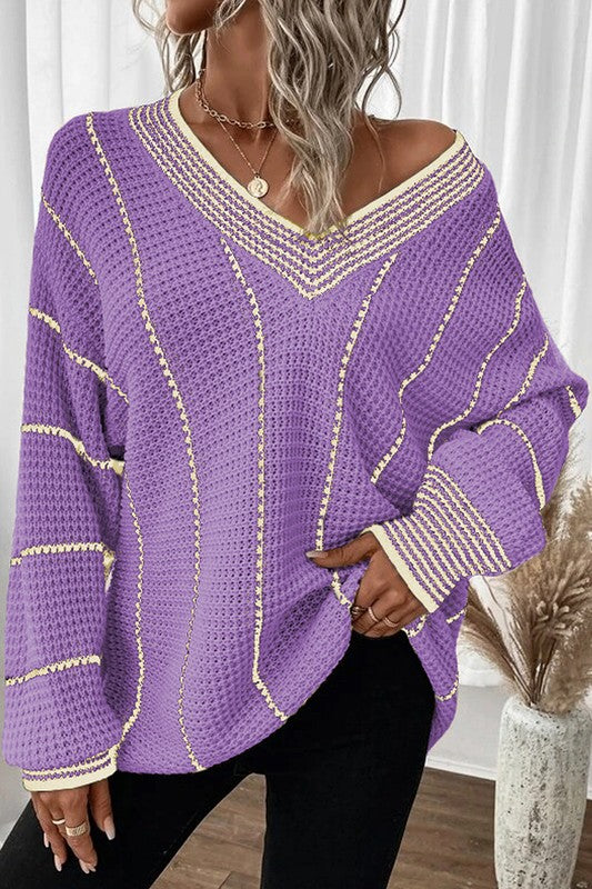 Striped V-Neck Knitted Loose Sweater