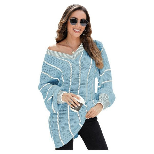 Striped V-Neck Knitted Loose Sweater