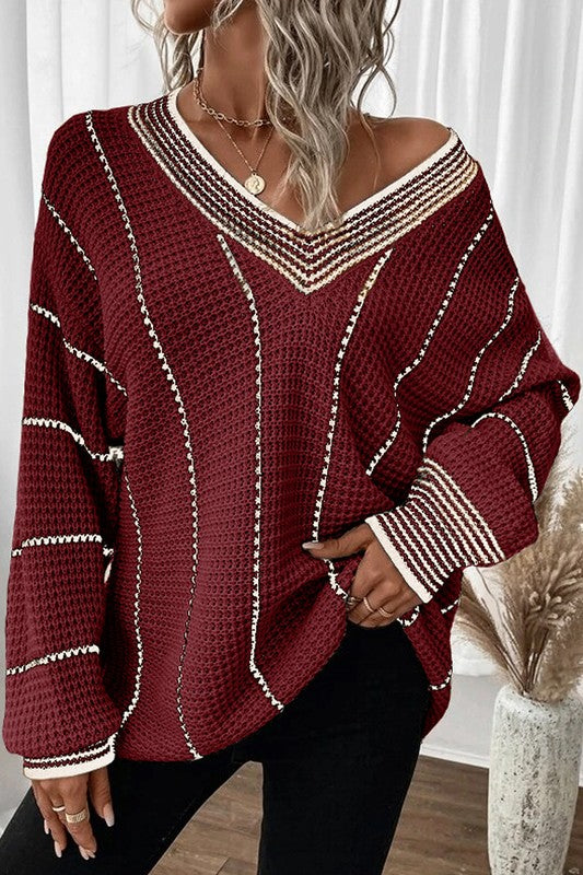 Striped V-Neck Knitted Loose Sweater