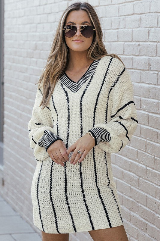 Striped V-Neck Knitted Loose Sweater