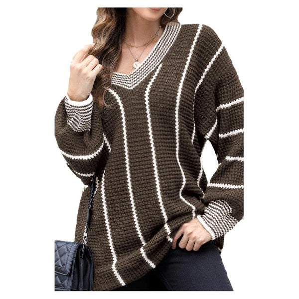 Striped V-Neck Knitted Loose Sweater