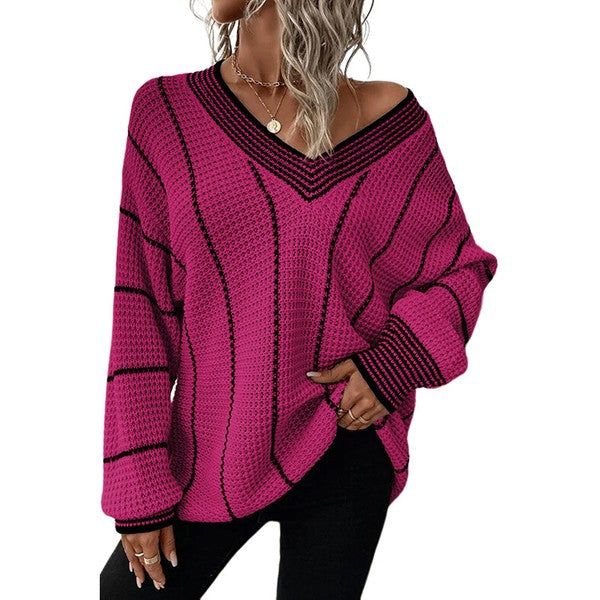 Striped V-Neck Knitted Loose Sweater