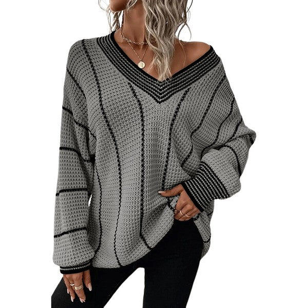 Striped V-Neck Knitted Loose Sweater