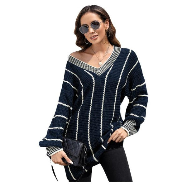 Striped V-Neck Knitted Loose Sweater