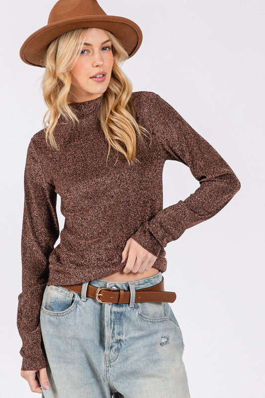 Glitter Mock Neck Lettuce Hem Long Sleeve Top