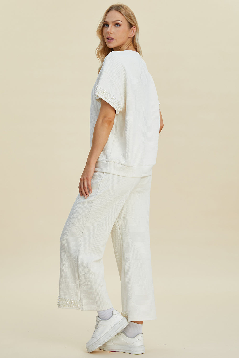 Pearl Detail Round Neck Top and Pants Set