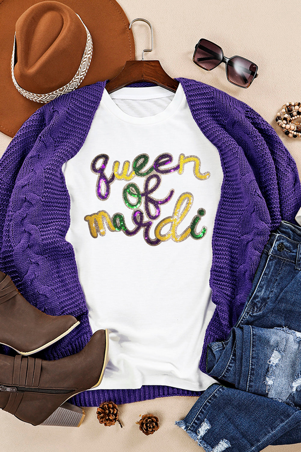 Queen of Mardi Sequin Letter Graphic T-Shirt