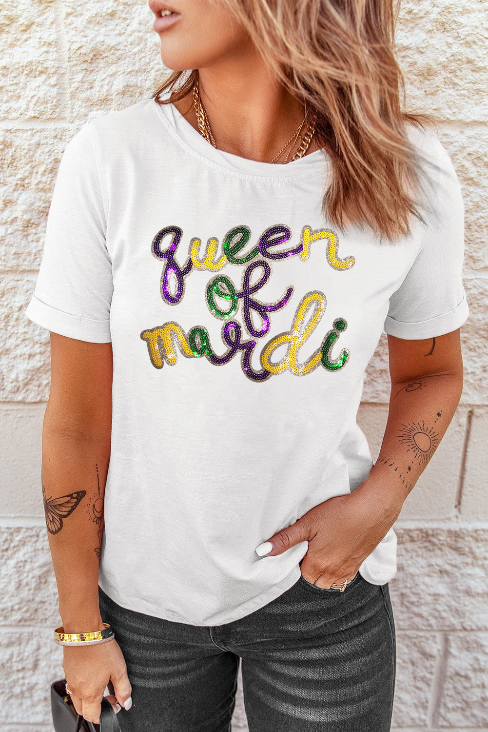 Queen of Mardi Sequin Letter Graphic T-Shirt