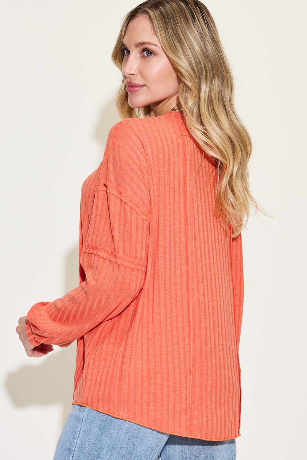 Ribbed Round Neck Long Sleeve T-Shirt