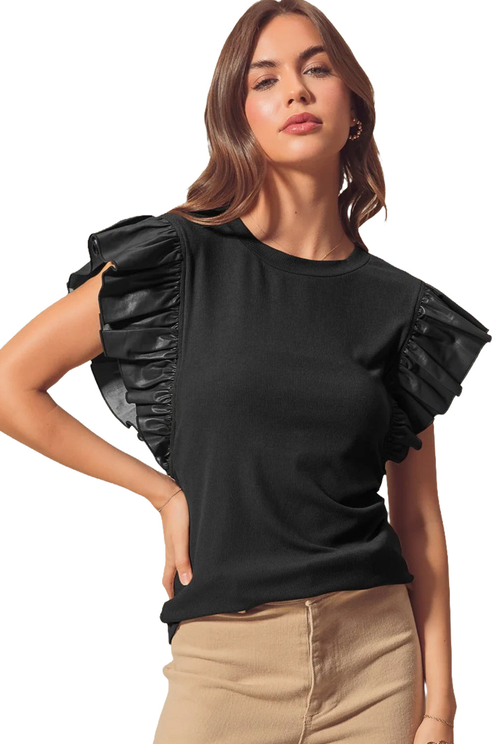 Leather Ruffle Sleeve Patchwork Round Neck Blouse