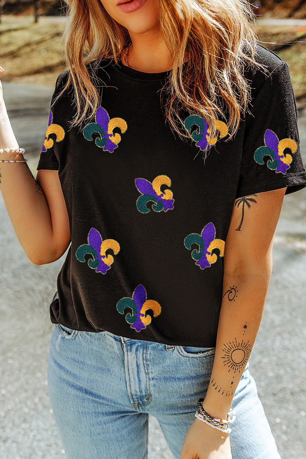 Chenille Mardi Gras Patched Crew Neck Tee