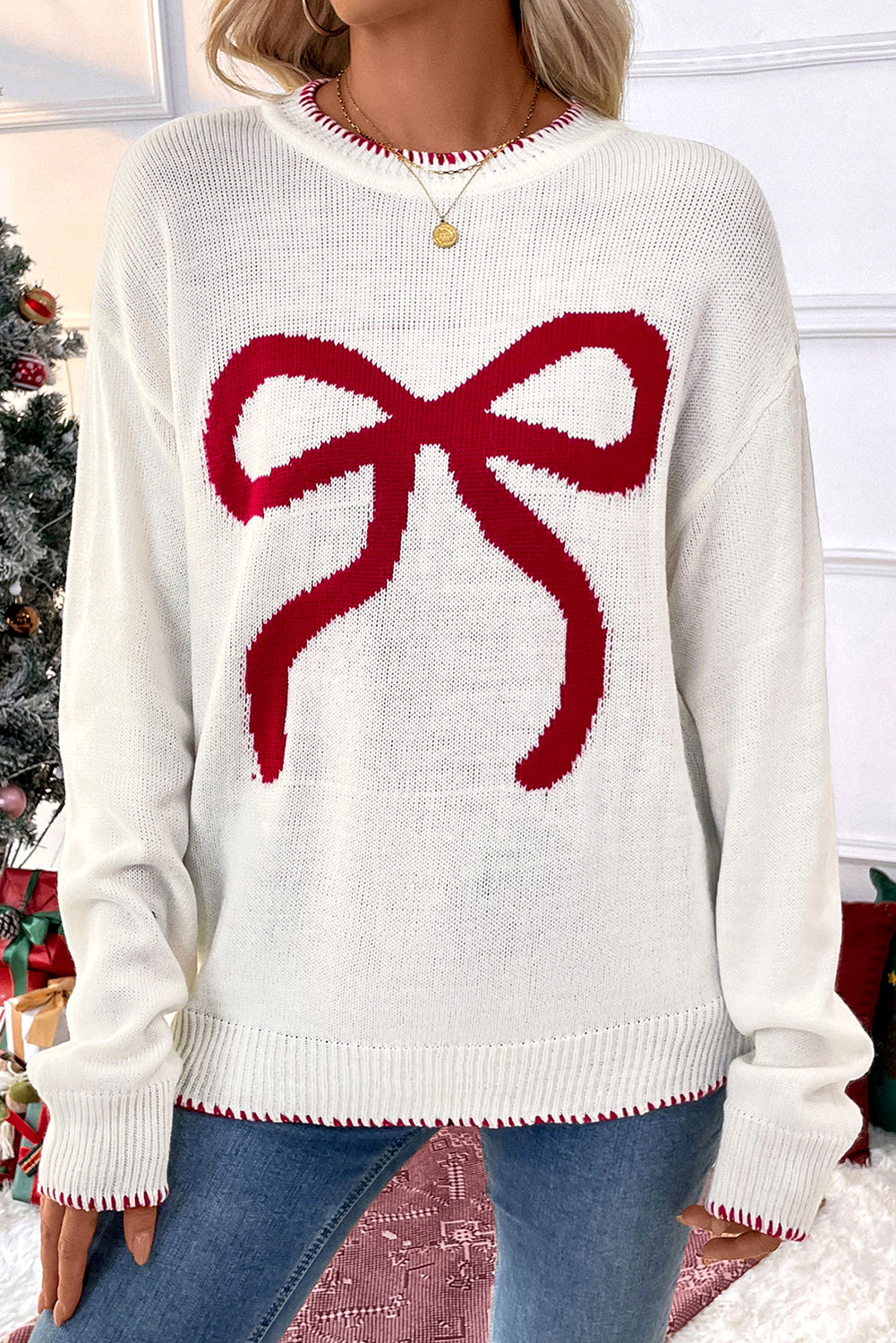 Bow Pattern Contrast Trim Christmas Loose Graphic Sweater