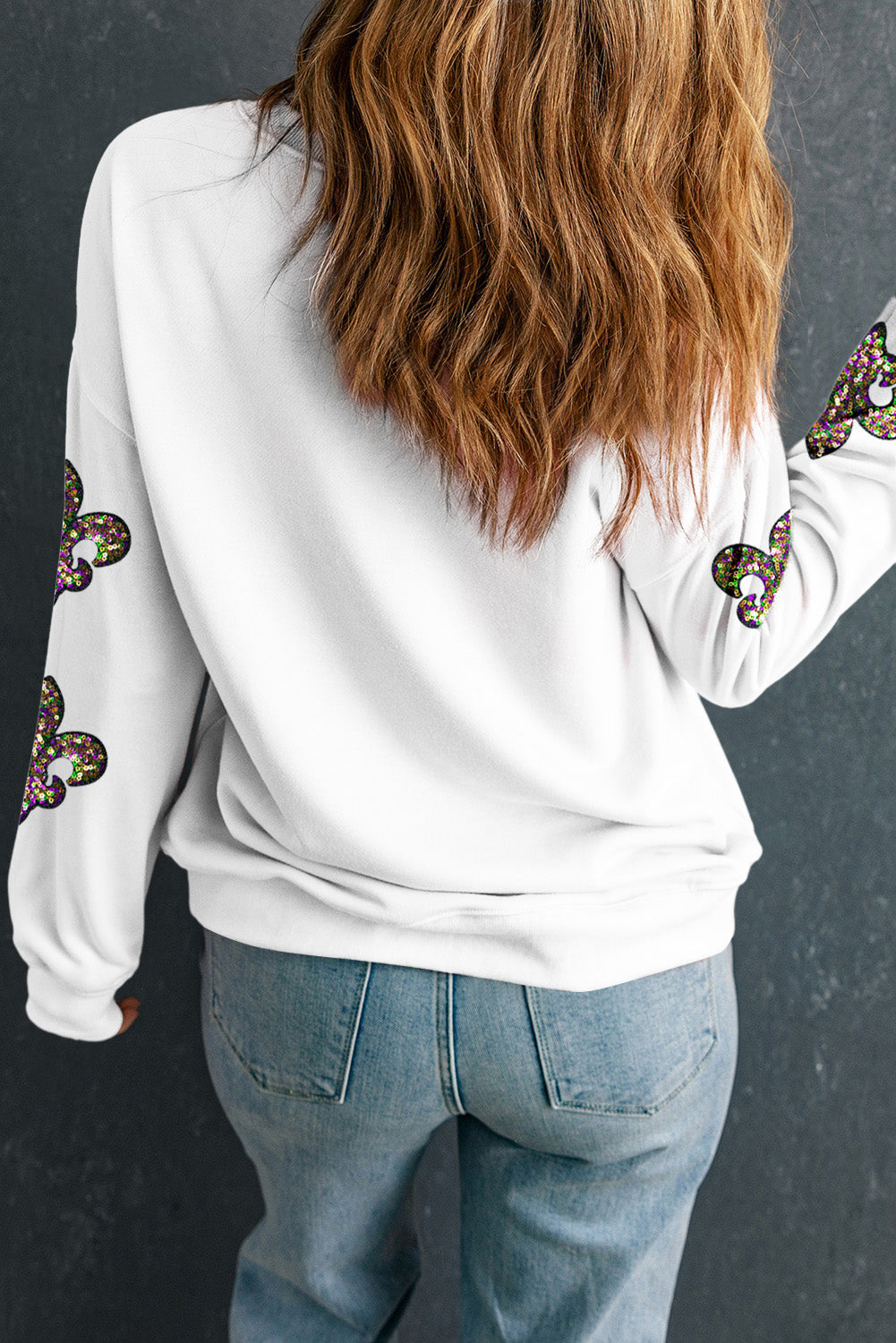 Sequin Fleur De Lis Mardi Gras Drop Shoulder Sweatshirt