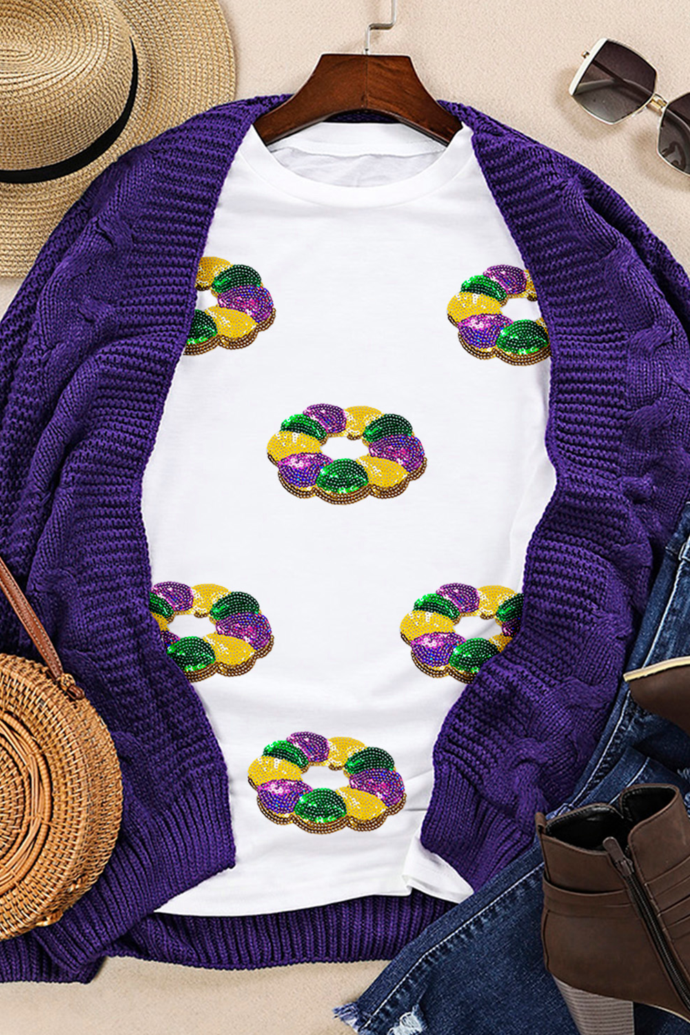 Sequined Mardi Gras Pattern Crew Neck Short Sleeve Top