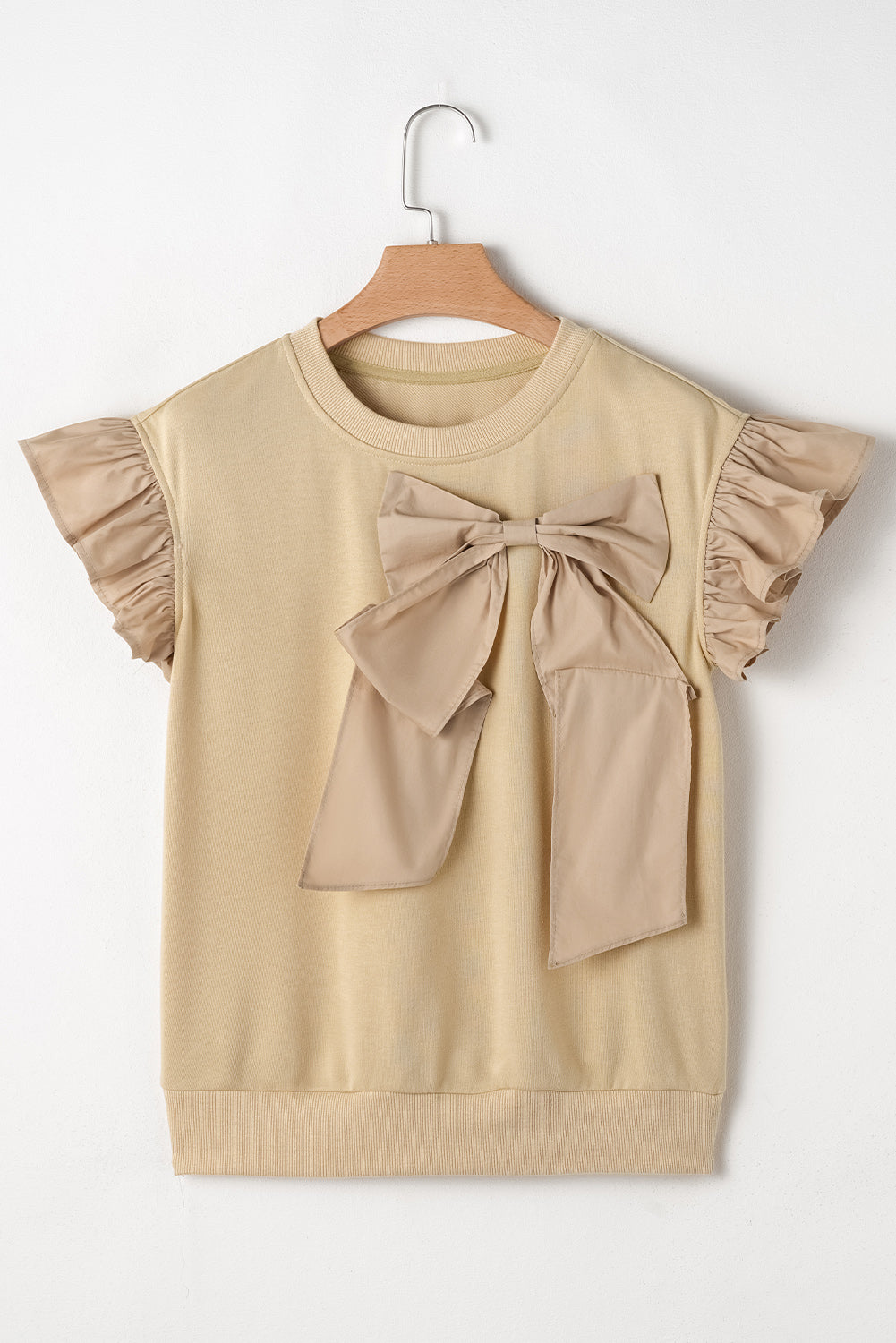 Two Tones Ribbon Bow Ruffle Sleeve Top