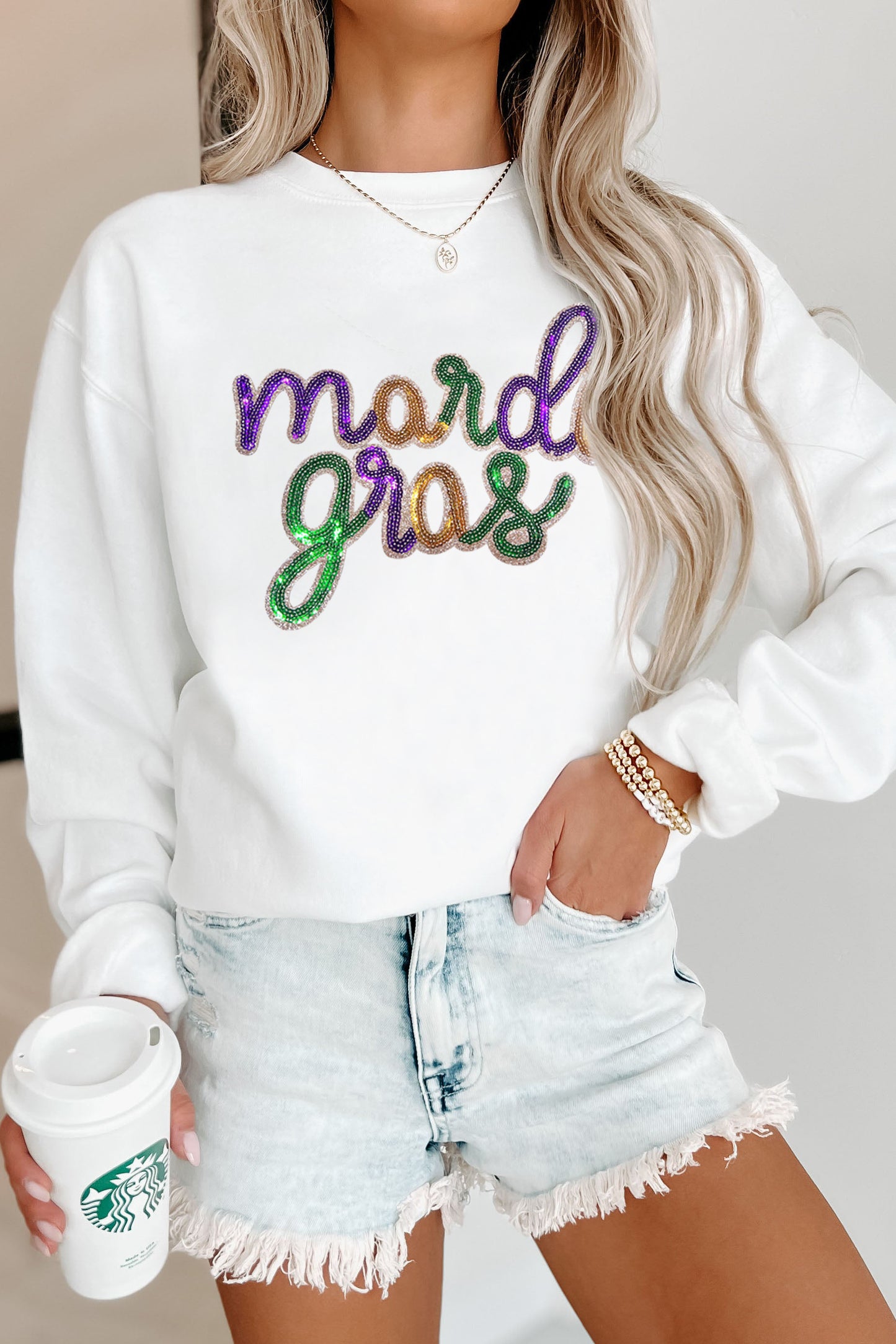 Sequined Mardi Gras Graphic Crew Neck Drop Shoulder Sweatshirt